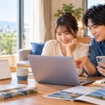 カレンダーを見ながら国内ホテルを予約する日本人カップル