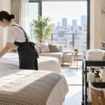 民泊の客室でベッドメイクを行う清掃スタッフと清掃用品