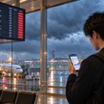台風の大雨で欠航表示を確認しスマートフォンで振替手続きをする空港の旅行者