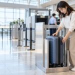 国内線の保安検査前にキャリーケースのサイズを確認する旅行者