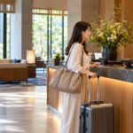 ホテルのフロントでアーリーチェックインを相談する旅行者