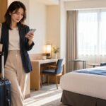 ホテルの客室でチェックアウト時刻を確認する旅行者
