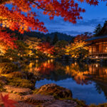 紅葉が照らされ池に映る京都の秋の寺院庭園のイメージ（AI生成・架空の風景）