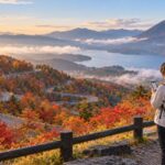 紅葉のいろは坂と中禅寺湖を望み、出発前に交通情報を確認する旅行者のイメージ（AI生成・架空の風景）
