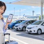 空港近くのレンタカー営業所でスマートフォンの予約を確認する旅行者（AI生成イメージ）