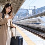 新幹線に乗り遅れてスマートフォンで後続列車を確認する旅行者