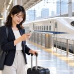 新幹線駅でスマートフォンから予約変更する旅行者